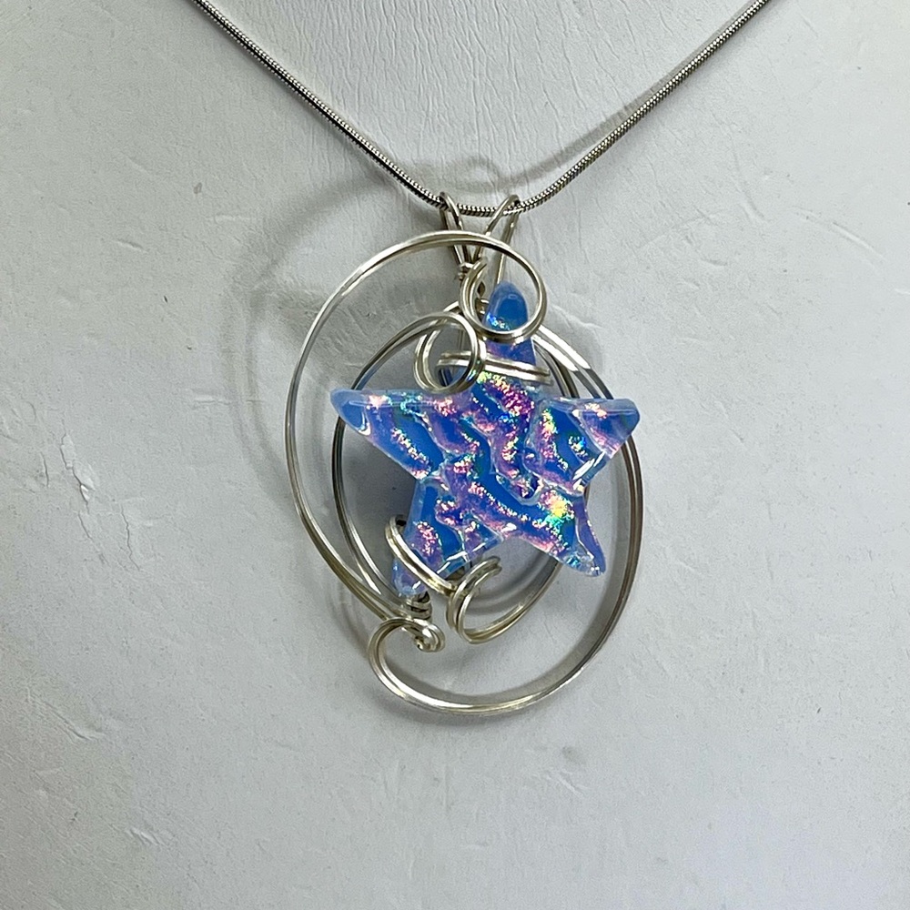 Blue and Multicolored Dichroic Glass Sterling Silver Artisan Pendant Necklace